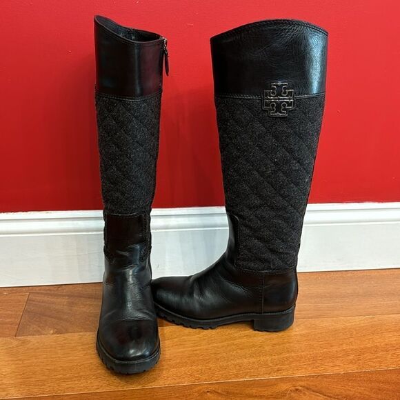 Tory Burch Black Two Tone Mixed Media Leather Riding Boots Equestrian size 5.5 M - Picture 1 of 16